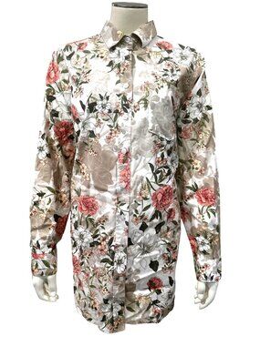 Chicos Size 1 Floral Button Front Shirt Relaxed Fit Chic Stretch Cottagecore